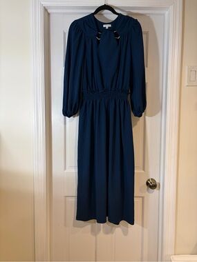 Max Studio Navy Long-Sleeve Midi Dress with Tie Neck